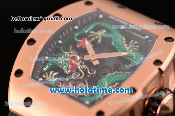 Richard Mille Tourbillon RM 057 Dragon Swiss ETA 2824 Automatic Rose Gold Case with Black Rubber Strap and Green Dragon Dial - Click Image to Close